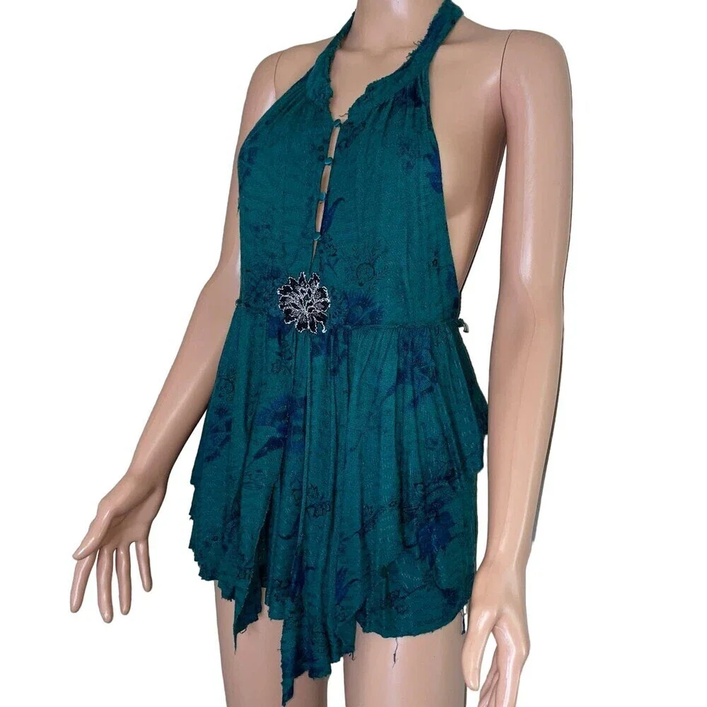 Free People top blouse tunic style halter tie back green flowy embroidered SZ S